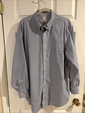 Brooks Brothers 346 Men's‎ Blue White Striped Long Sleeve Shirt 17-1/2 - 4/5